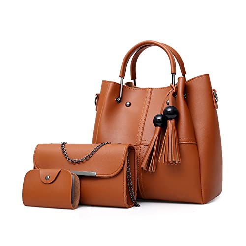 FANDARE Mode Damen-Henkeltaschen Wasserdicht Eimer Tasche Schultertaschen Umhängetaschen 3-teiliges Set Handtasche mit Fransen PU-Leder Kette Messenger-Tasche für Reisen Einkaufen Arbeiten Braun von FANDARE