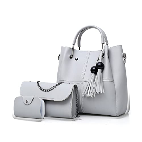 FANDARE Mode Damen-Henkeltaschen Wasserdicht Eimer Tasche Schultertaschen Umhängetaschen 3-teiliges Set Handtasche mit Fransen PU-Leder Kette Messenger-Tasche für Reisen Einkaufen Arbeiten Hellgrau von FANDARE