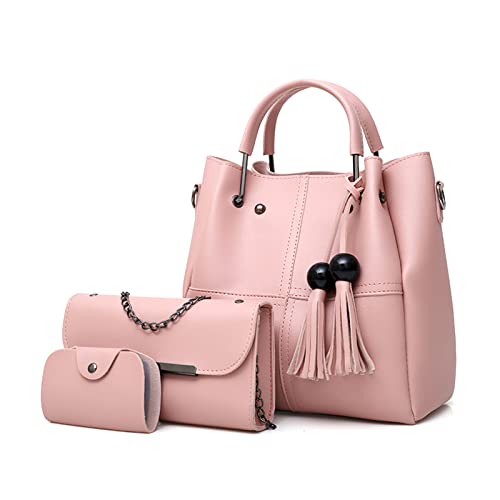 FANDARE Mode Damen-Henkeltaschen Wasserdicht Eimer Tasche Schultertaschen Umhängetaschen 3-teiliges Set Handtasche mit Fransen PU-Leder Kette Messenger-Tasche für Reisen Einkaufen Arbeiten Rosa von FANDARE