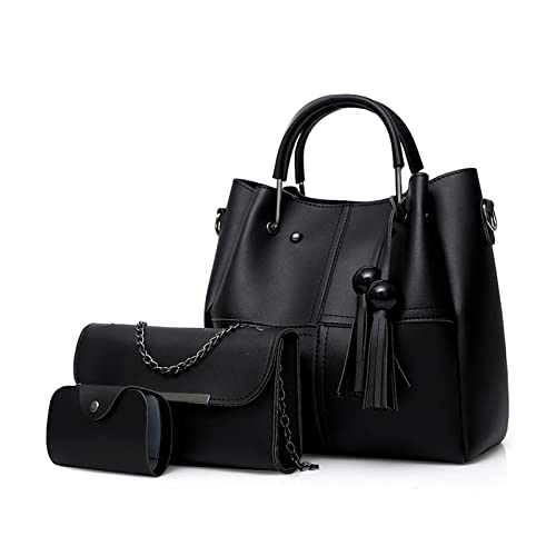 FANDARE Mode Damen-Henkeltaschen Wasserdicht Eimer Tasche Schultertaschen Umhängetaschen 3-teiliges Set Handtasche mit Fransen PU-Leder Kette Messenger-Tasche für Reisen Einkaufen Arbeiten Schwarz A von FANDARE