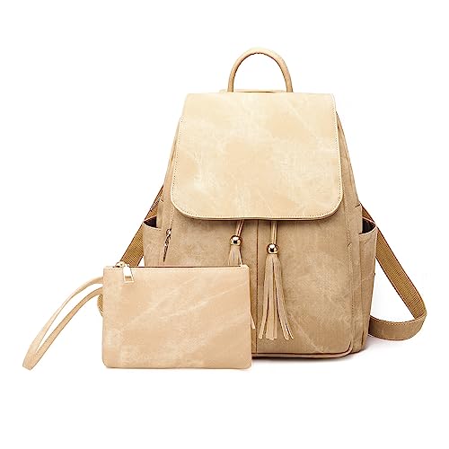 FANDARE Mode Damen Rucksackhandtaschen Elegant Schulrucksack Geldbeutel Set Schultertaschen Modern Handtasche Cityrucksack PU Leder Schulranzen Cityrucksack Frauen Rucksack Uni Büro Daypacks Khaki von FANDARE