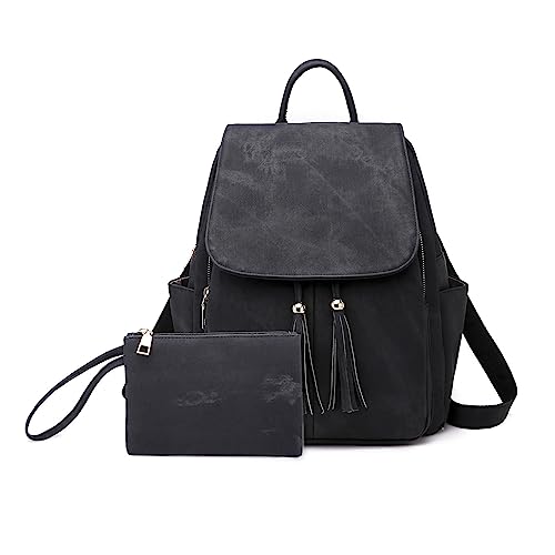 FANDARE Mode Damen Rucksackhandtaschen Elegant Schulrucksack Geldbeutel Set Schultertaschen Modern Handtasche Cityrucksack PU Leder Schulranzen Cityrucksack Frauen Rucksack Uni Büro Daypacks Schwarz von FANDARE