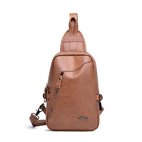 FANDARE Neu Brusttasche Schultertasche Herren Sling Bag Crossover Rucksack mit USB 7.9 inch Tablet Umhängetasche PU Sporttasche Wandern,Abenteuer,Sport, Reisen Wasserdicht Dunkelbraun von FANDARE