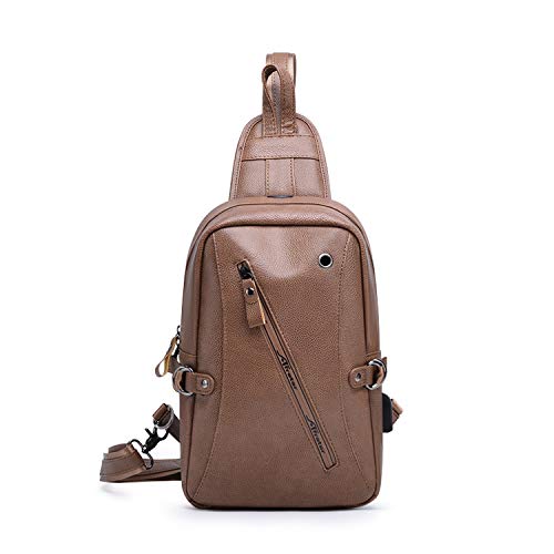 FANDARE Neu Brusttasche Schultertasche Herren Sling Bag Crossover Rucksack mit USB Kopfhörerloch 7.9 inch Tablet Umhängetasche PU Sporttasche Wandern,Abenteuer,Sport, Reisen Wasserdicht Braun a von FANDARE