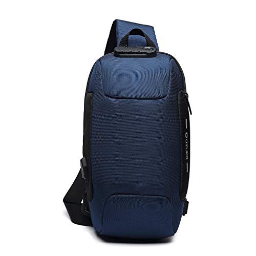 FANDARE Neu Herren Schultertasche Brusttasche mit Passwortschloss, USB, Reflektierende Streifen Umhängetasche Rucksack Sporttasche für Abenteuer,Reisen und Joggen Wasserdichtes Polyester Blau von FANDARE