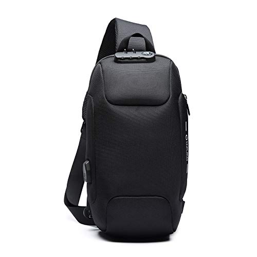 FANDARE Neu Herren Schultertasche Brusttasche mit Passwortschloss, USB, Reflektierende Streifen Umhängetasche Rucksack Sporttasche für Abenteuer,Reisen und Joggen Wasserdichtes Polyester Schwarz von FANDARE