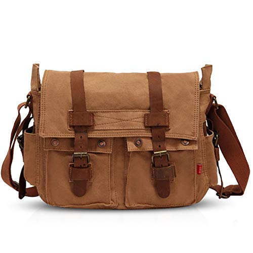 FANDARE Unisex Umhängetasche Schultertasche Segeltuch Laptoprucksäcke für 14 Zoll Laptop Kuriertasche Herren Damen Crossbody Messenger Bag für Reise Schule Hochschule Arbeit Outdoor Hellbraun1 von FANDARE