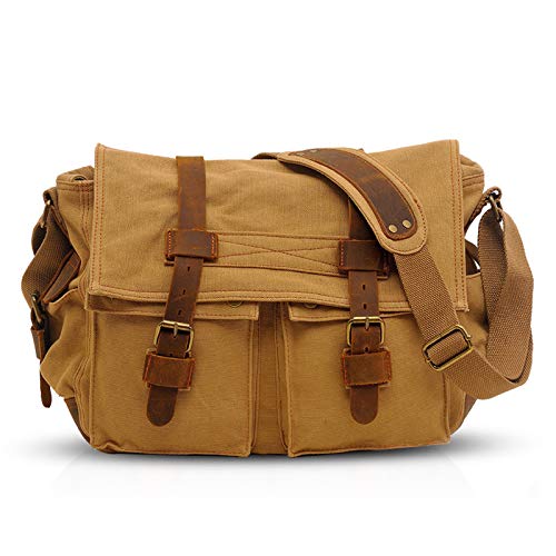 FANDARE Unisex Umhängetasche/Laptoptasche 14 Zoll für Arbeit Herren Messenger Bag Schultertasche Multifunktions Reise Canvas Khaki von FANDARE