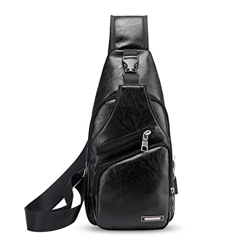 FANDARE New Sling Bag Herren Studenten Outdoor Sport Fitness mit USB-Ladeanschluss Kopfhörerbuchse Umhängetasche Wasserdicht PU Schwarz von FANDARE