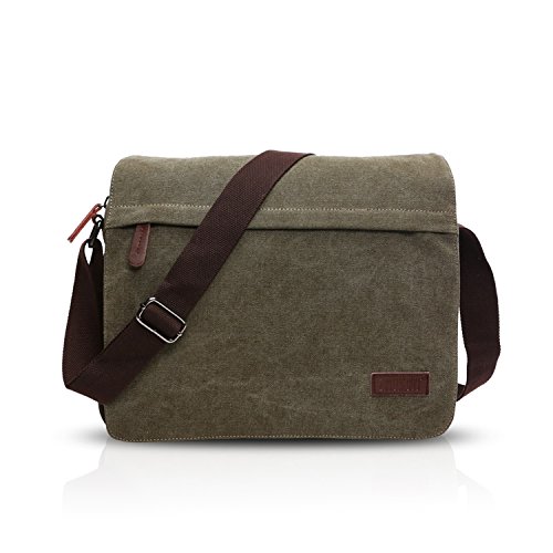 FANDARE New Umhängetasche Herren 9.7-Zoll-Laptop Studenten Reisen Postbote Crossbody Bag Große Kapazität Multi-Tasche Verschleißfest Leinwand Armee-Grün B von FANDARE