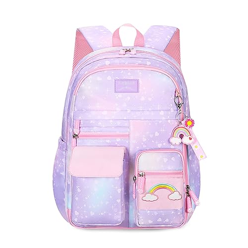 FANDARE Niedlich Kinderrucksack Schulranzen mit Brustgurt Kinder Rucksack Mädchen Junge Schultertasche Kindertasche Schulrucksack Kindergartentasche mit Reflektierender Streifen Daypacks Galaxie Lila von FANDARE