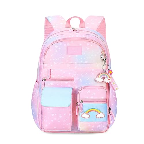 FANDARE Niedlich Kinderrucksack Schulranzen mit Brustgurt Kinder Rucksack Mädchen Junge Schultertasche Kindertasche Schulrucksack Kindergartentasche mit Reflektierender Streifen Daypacks Galaxy Rosa von FANDARE