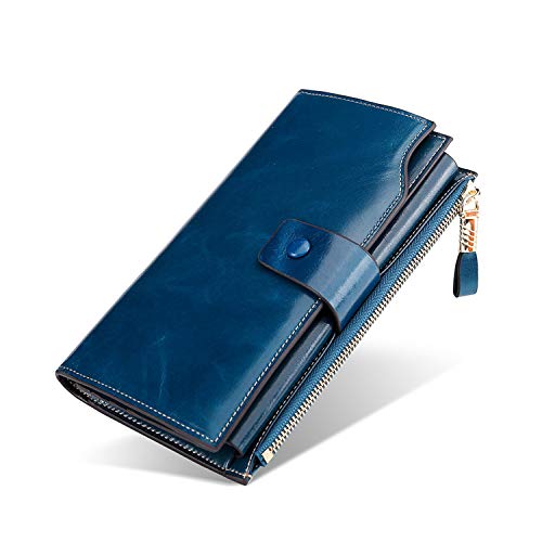 FANDARE RFID Geldbörse Damen Herren Foto Brieftasche Foto Brieftasche Schutz Münzbörsen Portemonnaie Unterarmtasche Clutches Geldklammer Kreditkartenetui Geldbeutel Reise Leder Geldbörse Blau von FANDARE