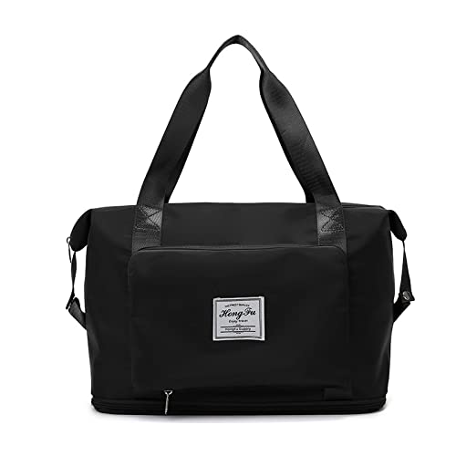 FANDARE Reisetaschen Handgepäck Tasche Faltbare Sporttasche Übernachtung Tote Handtasche Damen Herren Weekender Tasche Kliniktasche Schwimmtasche Trainingstasche mit Schuhfach Schwarz von FANDARE