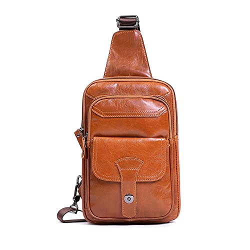 FANDARE Retro Brusttasche Leder Sling Bag Herren Umhängetaschen Schultertasche Wasserresistent Crossover Rucksack Daypacks für Männer Outdoor Reisen Camping Wanderrucksäcke Crossbody Pack Gelb Braun von FANDARE