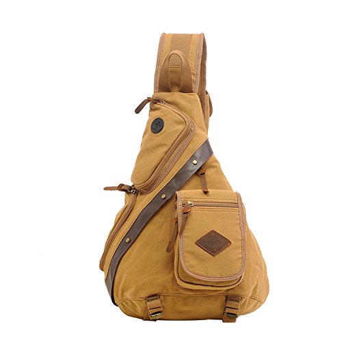 FANDARE Retro Brusttasche Leinwand Sling Bag Sporttasche Rucksack Schultertasche Daypacks Grosse Kapazität Umhängetasche für Outdoor Reisen Wandern Radfahren Bergsteigen Reisen Dauerhaft Khaki von FANDARE