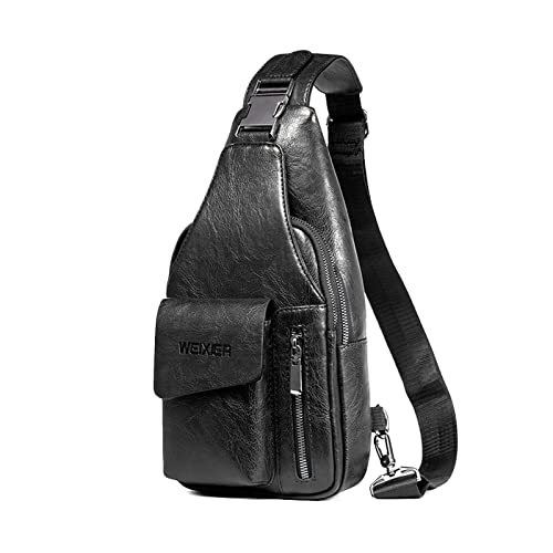 FANDARE Retro Brusttasche Ultraleicht Sling Bag Geschäft Umhängetasche für Herren Schultertasche Outdoor Sport Wandern Radfahren Reisen Wasserdicht Leder Schwarz von FANDARE