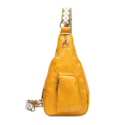 FANDARE Retro Damen Brusttasche Mädchen Sling Bag - Modische Crossbody Umhängetasche mit verstellbarem Gurt, Schultertasche aus PU Leder mit mehreren Fächern für Reisen, Einkaufen Gelb von FANDARE