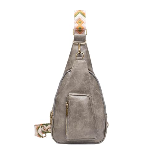 FANDARE Retro Damen Brusttasche Mädchen Sling Bag - Modische Crossbody Umhängetasche mit verstellbarem Gurt, Schultertasche aus PU Leder mit mehreren Fächern für Reisen, Einkaufen Grau von FANDARE