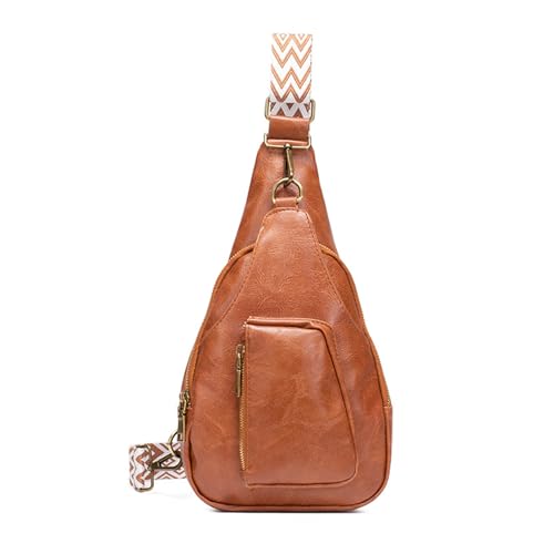 FANDARE Retro Damen Brusttasche Mädchen Sling Bag - Modische Crossbody Umhängetasche mit verstellbarem Gurt, Schultertasche aus PU Leder mit mehreren Fächern für Reisen, EinkaufenHellbraun von FANDARE