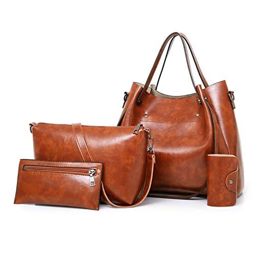 FANDARE Retro Damen-Henkeltaschen 4-teiliges Set Eimer Tasche Schultertaschen Wasserdicht Handtasche PU-Leder Umhängetaschen für Reisen Einkaufen Arbeiten Verabreden Braun von FANDARE