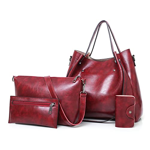 FANDARE Retro Damen-Henkeltaschen 4-teiliges Set Eimer Tasche Schultertaschen Wasserdicht Handtasche PU-Leder Umhängetaschen für Reisen Einkaufen Arbeiten Verabreden Rotwein von FANDARE