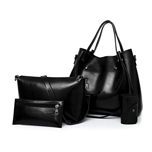 FANDARE Retro Damen-Henkeltaschen 4-teiliges Set Eimer Tasche Schultertaschen Wasserdicht Handtasche PU-Leder Umhängetaschen für Reisen Einkaufen Arbeiten Verabreden Schwarz von FANDARE