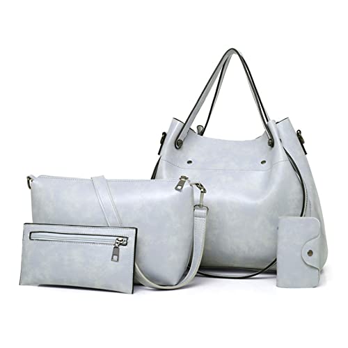 FANDARE Retro Damen-Henkeltaschen 4-teiliges Set Eimer Tasche Schultertaschen Wasserdicht Handtasche PU-Leder Umhängetaschen für Reisen Einkaufen Arbeiten Verabreden hellgrau von FANDARE