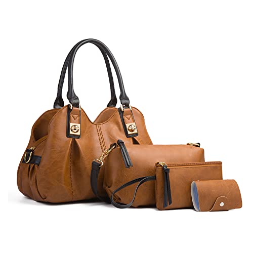 FANDARE Retro Damen-Henkeltaschen Weich-Leder Umhängetaschen Wasserdicht Handtasche 4-teiliges Set Schultertaschen für Reisen Einkaufen Arbeiten Verabreden Verwendet Braun von FANDARE