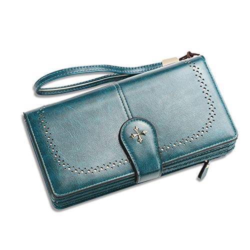 FANDARE Retro Geldbörse Wasserdicht Lange Portemonnaie Herren Damen Brieftasche Leder Portmonee Beutel Geldklammer Kreditkartenetui Geldbeutel mit 22 Kartensteckplatz Wallet Grün von FANDARE