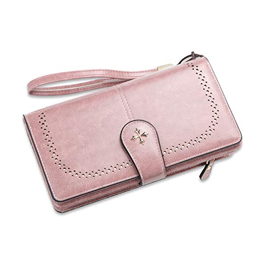 FANDARE Retro Geldbörse Wasserdicht Lange Portemonnaie Herren Damen Brieftasche Leder Portmonee Beutel Geldklammer Kreditkartenetui Geldbeutel mit 22 Kartensteckplatz Wallet Rosa von FANDARE