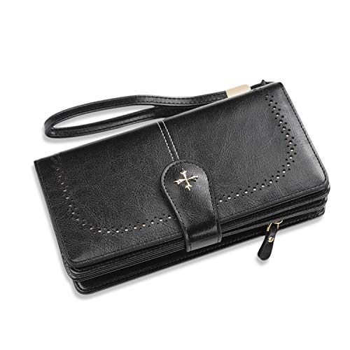 FANDARE Retro Geldbörse Wasserdicht Lange Portemonnaie Herren Damen Brieftasche Leder Portmonee Beutel Geldklammer Kreditkartenetui Geldbeutel mit 22 Kartensteckplatz Wallet Schwarz von FANDARE