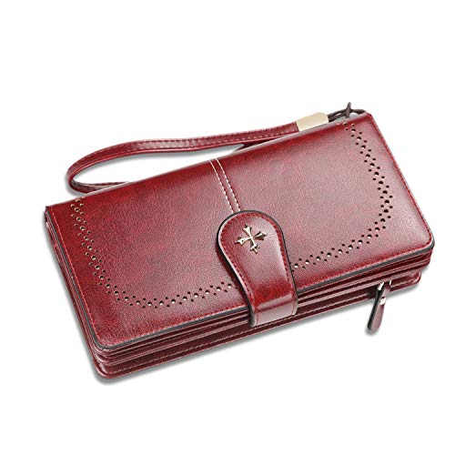 FANDARE Retro Geldbörse Wasserdicht Lange Portemonnaie Herren Damen Brieftasche Leder Portmonee Beutel Geldklammer Kreditkartenetui Geldbeutel mit 22 Kartensteckplatz Wallet rot von FANDARE