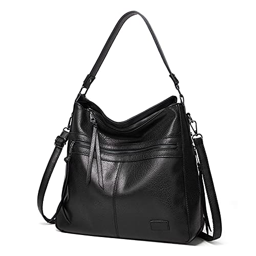 FANDARE Retro Handtaschen Damen Schultertasche Umhängetasche Wasserdicht PU Leder Frauen Quaste Tragetasche für 12.9 Zoll Laptoptasche Büro Schule Pendeln Reisen Arbeitstasche Schwarz von FANDARE