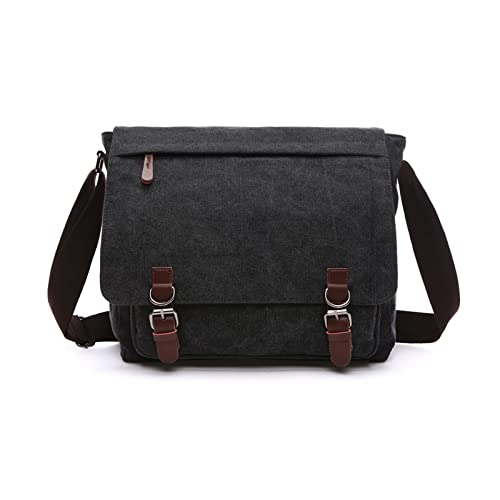 FANDARE Retro Umhängetasche Herren Segeltuch Arbeitstasche Messenger Bag Schultertasche passen 12,9-Zoll-Laptop Herrentasche zum Umhängen für Reise Schule Hochschule Arbeit Outdoor Schulranzen Schwarz von FANDARE