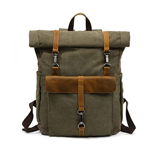 FANDARE Rolltop Rucksack Leinwand Schulrucksack Laptop Handgepäck Rucksack Herren Damen mit 15.6 Zoll Laptopfach Rucksäcke zum Business Arbeit Reise Schulranzen Daypacks Armeegrün von FANDARE