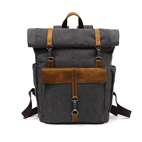 FANDARE Rolltop Rucksack Leinwand Schulrucksack Laptop Handgepäck Rucksack Herren Damen mit 15.6 Zoll Laptopfach Rucksäcke zum Business Arbeit Reise Schulranzen Daypacks Schwarz von FANDARE