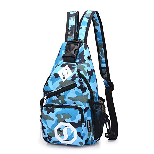 FANDARE Schulrucksack Brusttasche Jungs/Mädchen Sling Rucksack Herren Damen Schulranzen Schultertasche Sling Bag Rucksack Umhängetasche Sporttasche für Sport, Reisen Wasserdicht Polyester Blau Camo von FANDARE