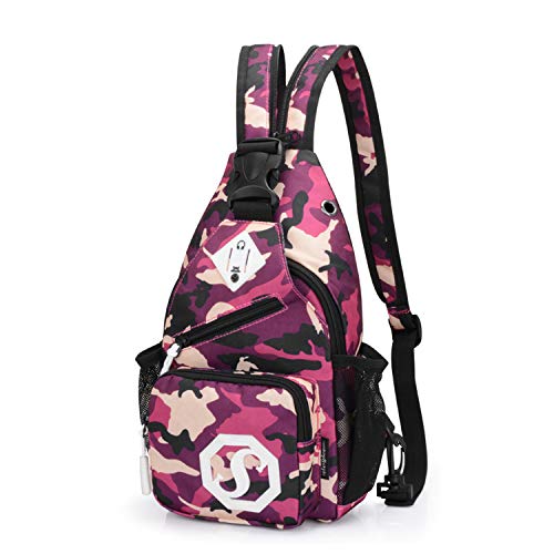 FANDARE Schulrucksack Brusttasche Jungs/Mädchen Sling Rucksack Herren Damen Schulranzen Schultertasche Sling Bag Rucksack Umhängetasche Sporttasche für Sport, Reisen Wasserdicht Polyester Lila Camo von FANDARE