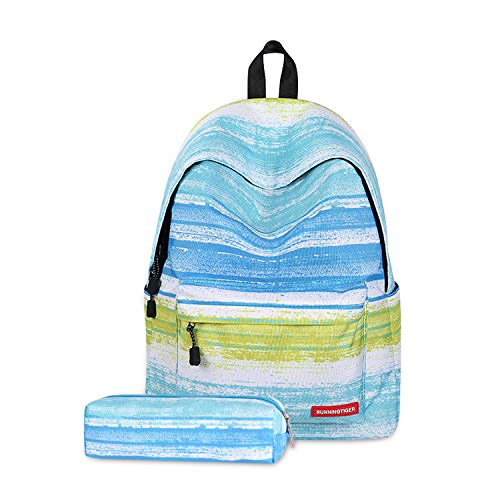 FANDARE Schulrucksack Galaxy Schultasche Junge Mädchen Rucksäcke Schulranzen mit Mäppchen Teenager Tagesrucksack Reise Daypack Damen Laptop-Tasche Kinderrucksäcke Wasserdicht Polyester Blau Grün von FANDARE