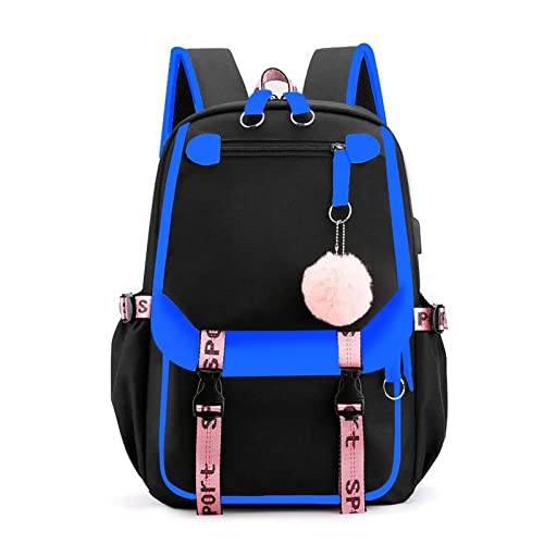 FANDARE Schulrucksack Mädchen Schulranzen Jungen Schultasche mit USB-Ladeanschluss Teenager Daypacks für Damen Universität Reisen Ergonomischer Kinder Schultasche mit Haarballen-Anhänger Dunkelblau von FANDARE