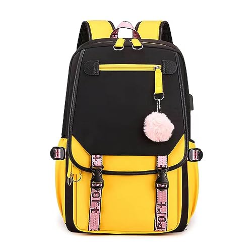 FANDARE Schulrucksack Mädchen Schulranzen Jungen Schultasche mit USB-Ladeanschluss Teenager Daypacks für Damen Universität Reisen Ergonomischer Kinder Schultasche mit Haarballen-Anhänger Gelb A von FANDARE