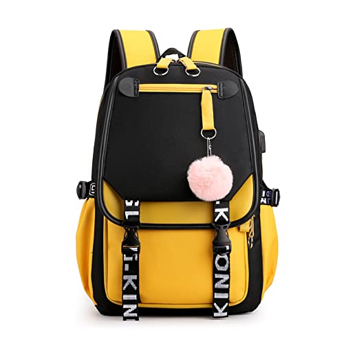 FANDARE Schulrucksack Mädchen Schulranzen Jungen Schultasche mit USB-Ladeanschluss Teenager Daypacks für Damen Universität Reisen Ergonomischer Kinder Schultasche mit Haarballen-Anhänger Gelb von FANDARE