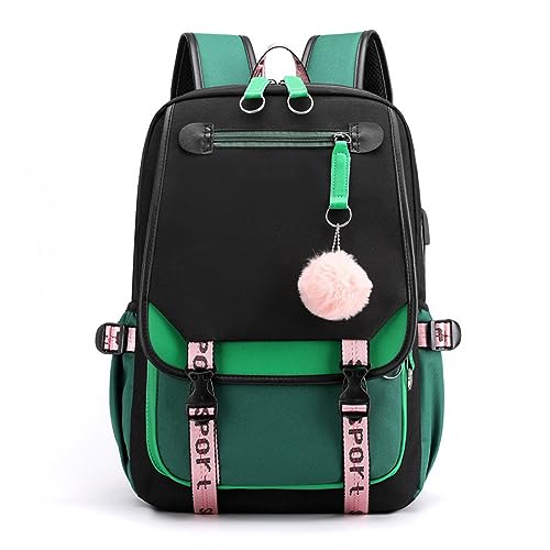 FANDARE Schulrucksack Mädchen Schulranzen Jungen Schultasche mit USB-Ladeanschluss Teenager Daypacks für Damen Universität Reisen Ergonomischer Kinder Schultasche mit Haarballen-Anhänger Grün A von FANDARE