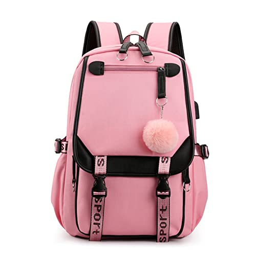 FANDARE Schulrucksack Mädchen Schulranzen Jungen Schultasche mit USB-Ladeanschluss Teenager Daypacks für Damen Universität Reisen Ergonomischer Kinder Schultasche mit Haarballen-Anhänger Rosa von FANDARE