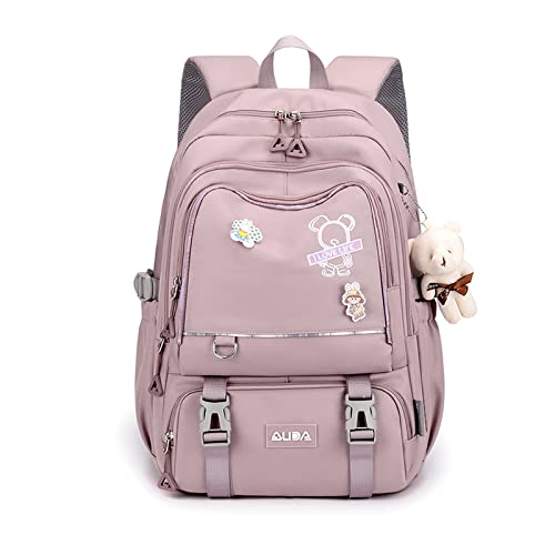 FANDARE Schulrucksack Schulrucksack Kinderrucksack Schultasche Jungen Mädchen Rucksack Schulranzen für Outdoor Reise Daypacks Freizeitrucksack Rucksack mit Plüsch Anhänger Wasserdicht Nylon Violett von FANDARE