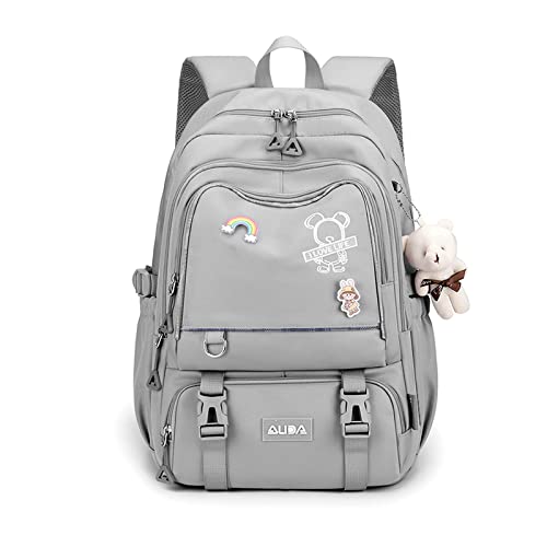 FANDARE Schulrucksack Schulrucksack Kinderrucksack Schultasche Jungen Mädchen Rucksack Schulranzen für Outdoor Reise Daypacks Freizeitrucksack Rucksack mit Plüsch Anhänger Wasserdicht Nylon Grau von FANDARE