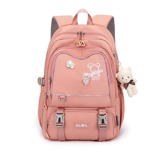 FANDARE Schulrucksack Schulrucksack Kinderrucksack Schultasche Jungen Mädchen Rucksack Schulranzen für Outdoor Reise Daypacks Freizeitrucksack Rucksack mit Plüsch Anhänger Wasserdicht Nylon Rosa von FANDARE