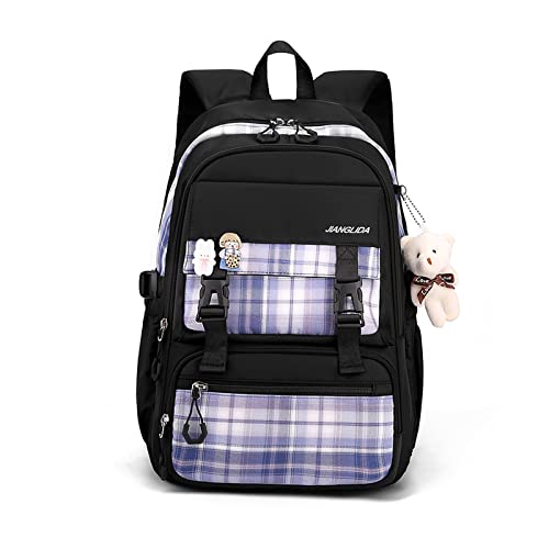 FANDARE Schulrucksack Schulrucksack Schultasche Herren Damen Rucksack Schulranzen für Outdoor Reise Daypacks Freizeitrucksack Rucksack mit Plüschanhänger & Nettes Abzeichen Wasserdicht Nylon Schwarz von FANDARE