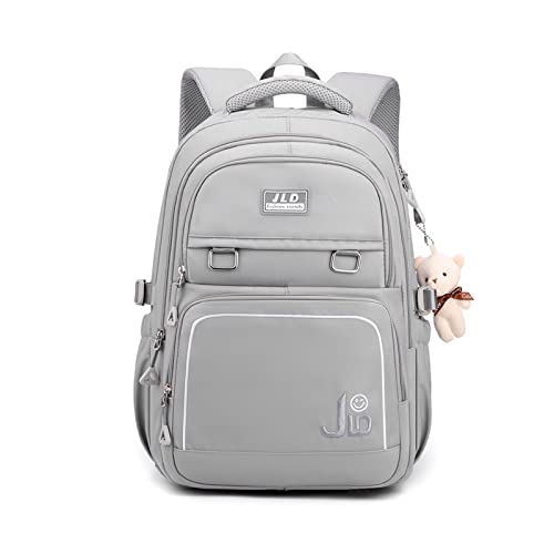 FANDARE Schulrucksack Schulrucksack Ultraleicht Daypacks Kinderrucksack Schultasche Jungen Mädchen Rucksack Schulranzen Outdoor Reise Daypacks mit Plüsch Anhänger Wasserdicht Nylon Grau von FANDARE